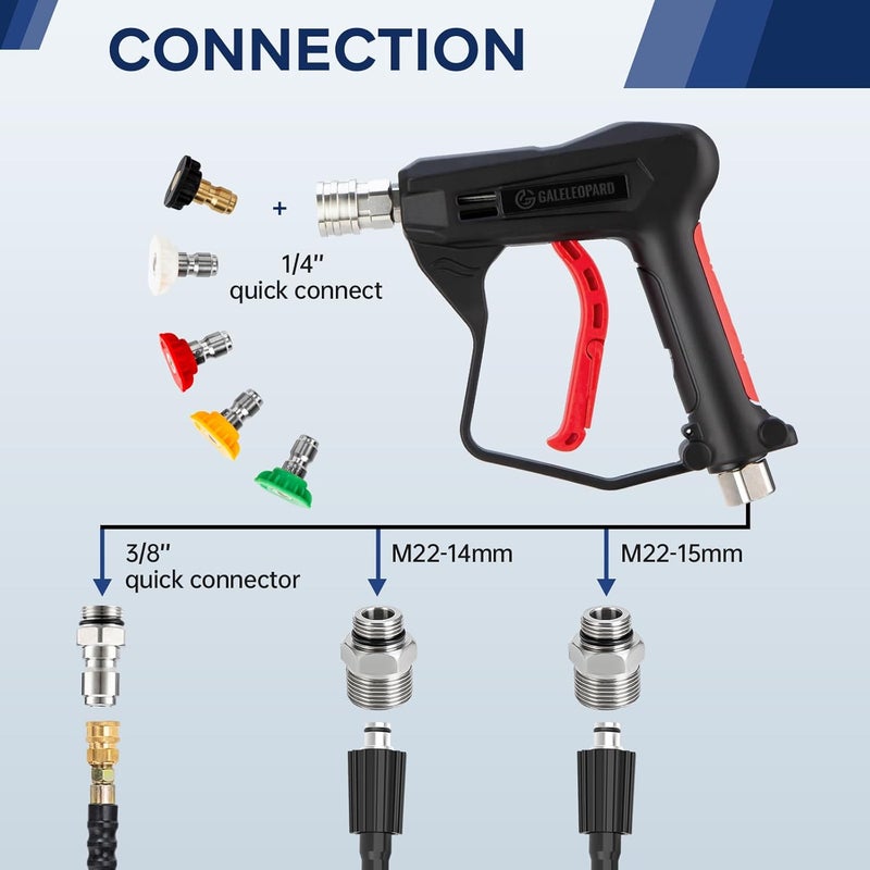 GALELEOPARD Short Pressure Washer Gun with 1/4" Quick Connector, 4350 PSI High Pressure Washer Gun with 5 Spray Nozzle Tips, 3/8'' Male Plug and M22-14/15mm Fittings, Power Washer Gun Compatible with Foam Cannon - Image 2